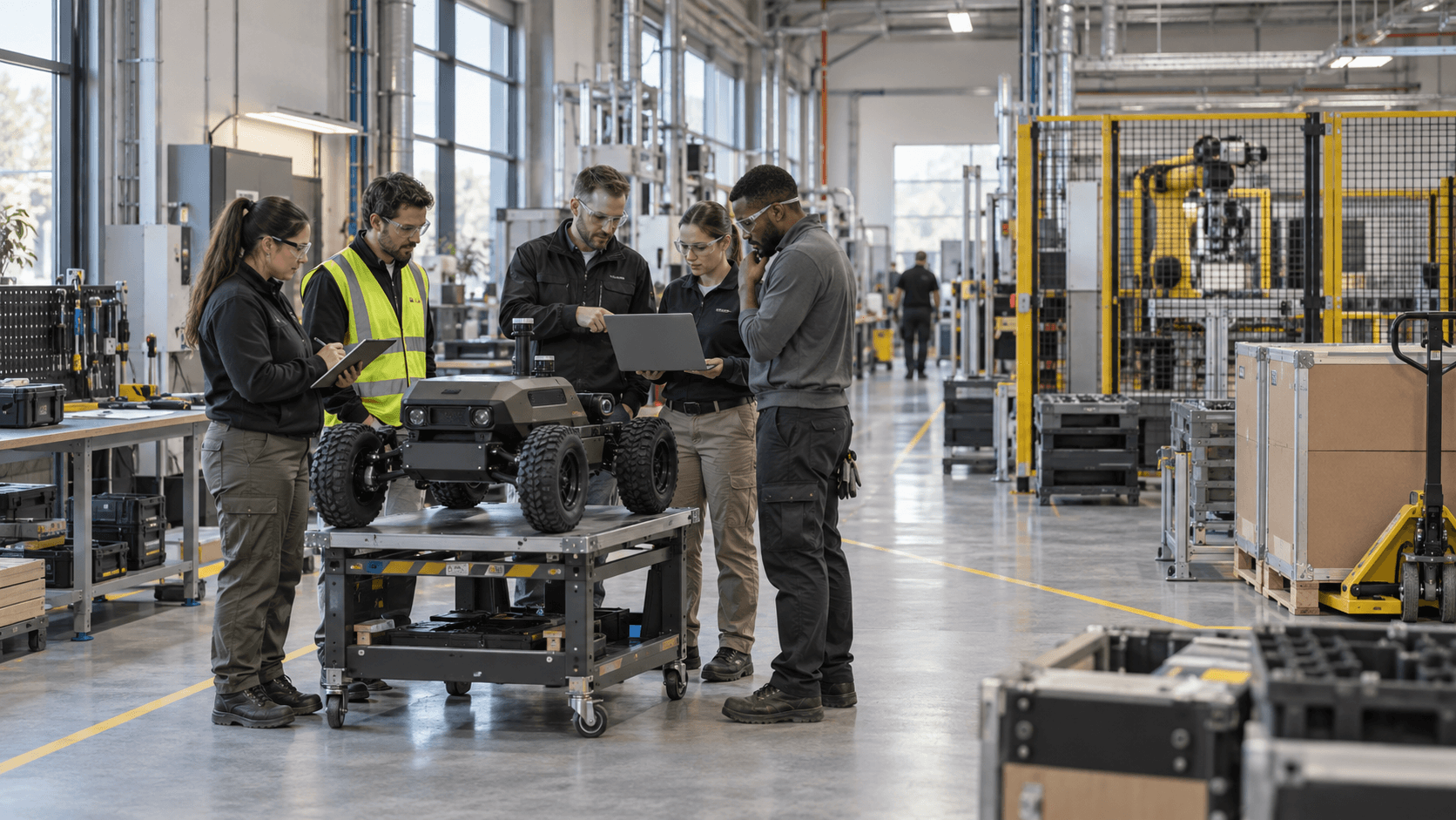 Editorial illustration of engineers, technicians, an inspection rover, guarded automation, assembly equipment, and incoming crates during factory commissioning