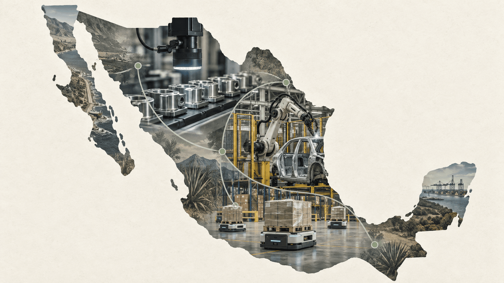 Editorial collage of Mexico’s outline connecting machine vision, robotic manufacturing and autonomous warehouse logistics