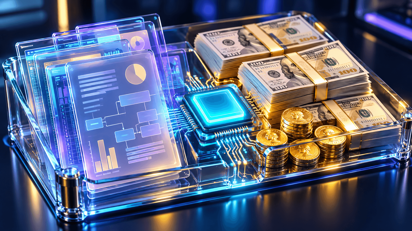 Conceptual editorial illustration of glass business data panels, a glowing processor, and stacks of cash