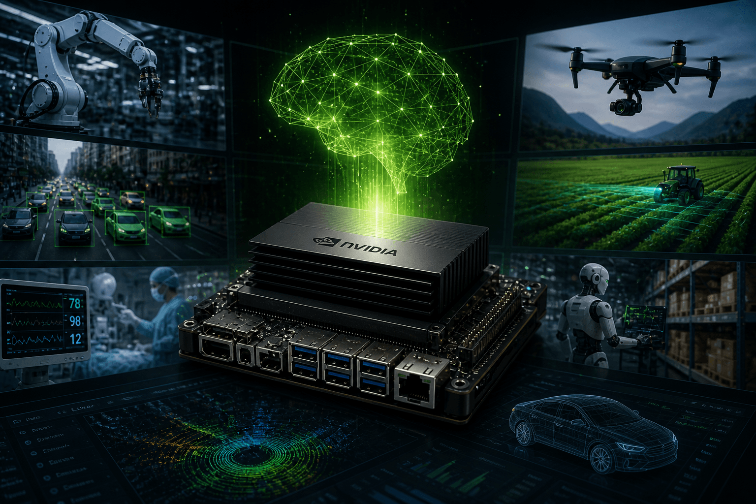 NVIDIA Jetson AGX Orin board visualized as the central processor for robotics, vision, healthcare, autonomous vehicles, and agricultural edge AI applications.