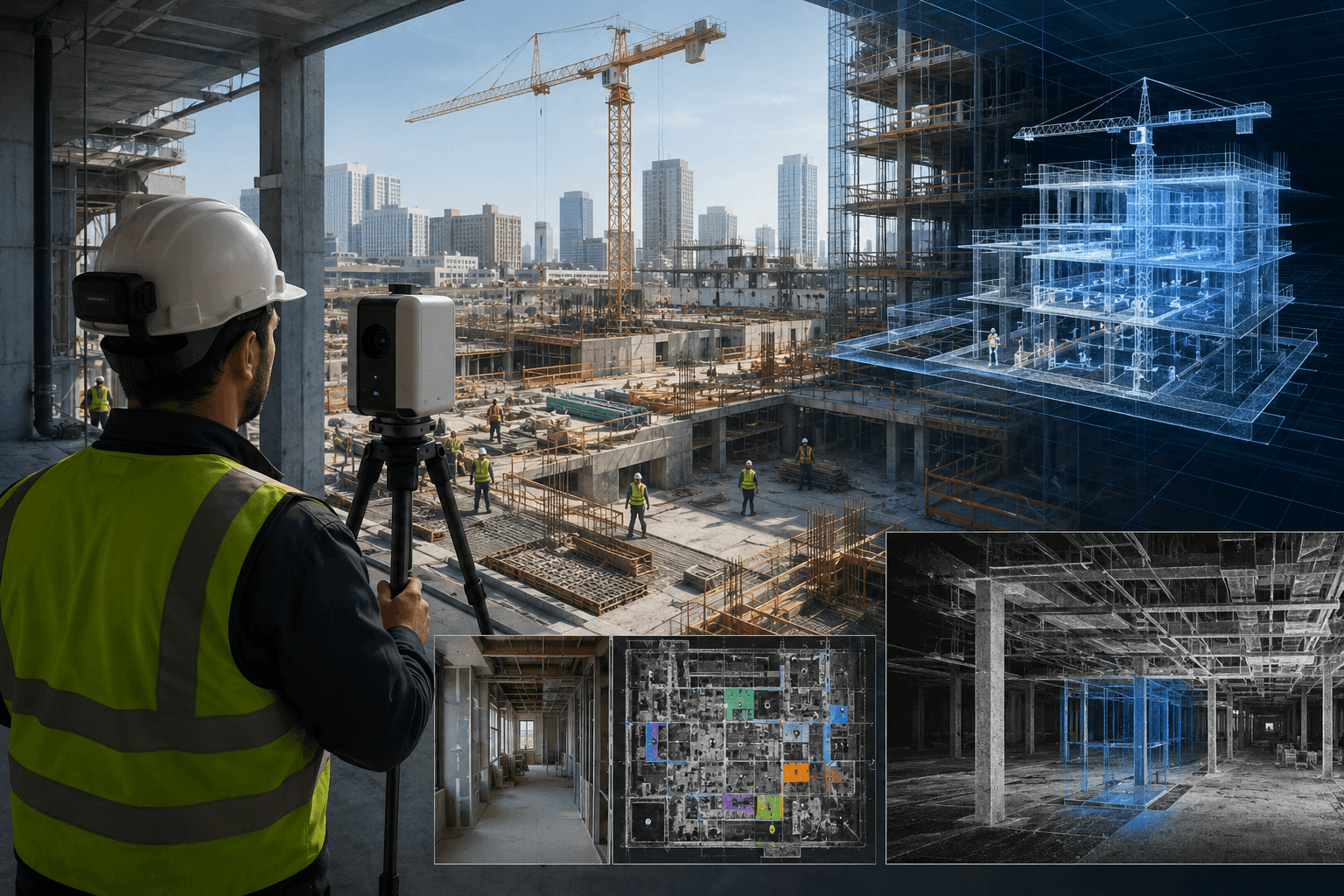 OpenSpace-style construction reality capture with a worker scanning a jobsite, BIM overlays, floor plans, progress maps, and visual AI documentation.