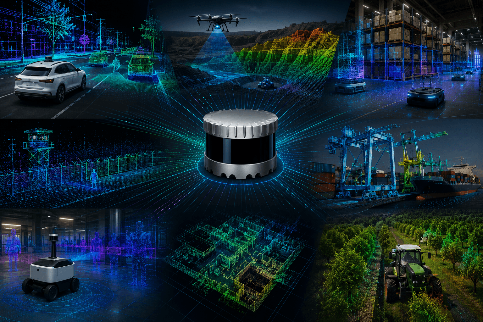 Ouster-style digital LiDAR sensor mapping roads, drones, warehouses, ports, security sites, robots, buildings, and agriculture with colored 3D point clouds.