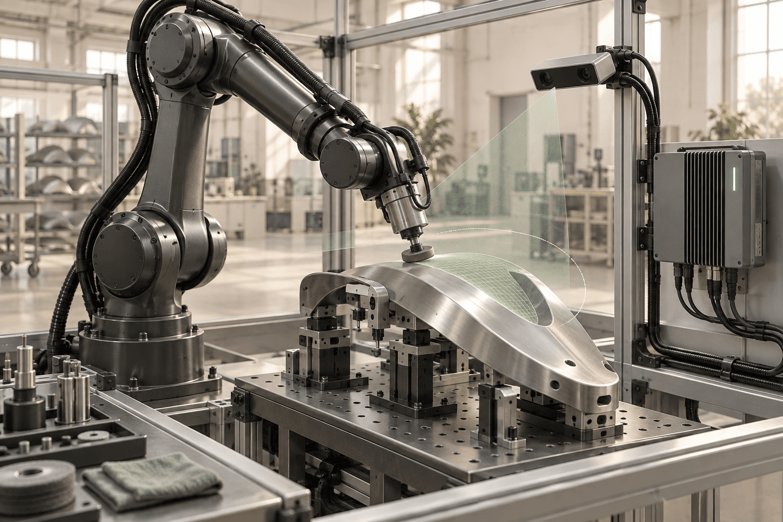 Original editorial illustration of an industrial robot, stereo camera, and local edge computer working together on a curved metal component