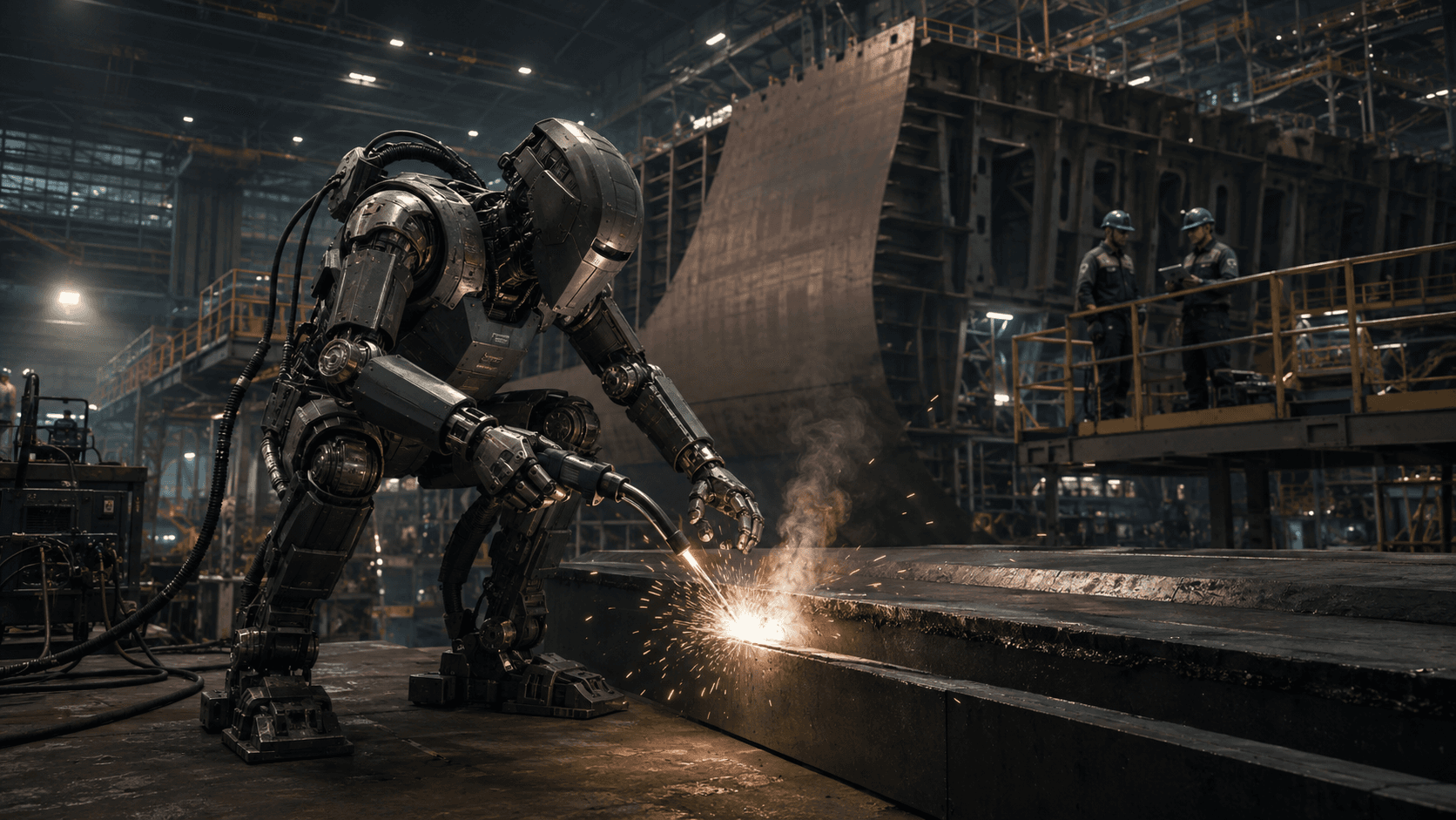 Editorial visualization of an industrial humanoid robot welding a steel structure inside a shipyard