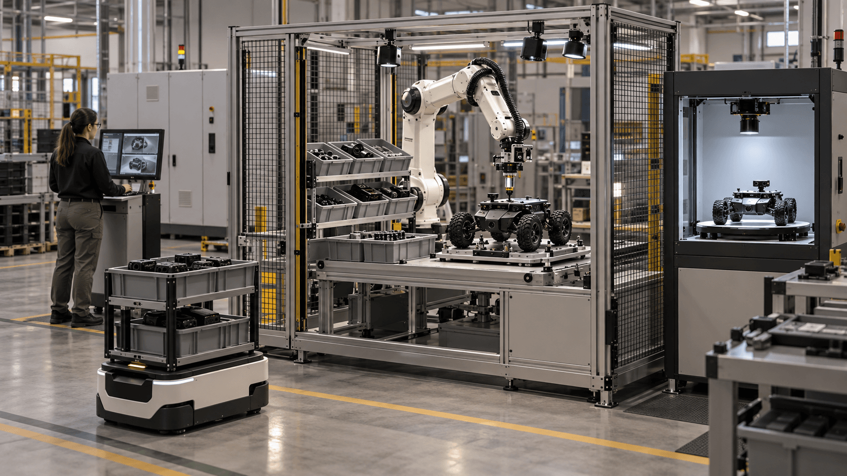 Editorial illustration of a vision guided robot, autonomous material cart, rover assembly fixture, inspection station, and supervising engineer