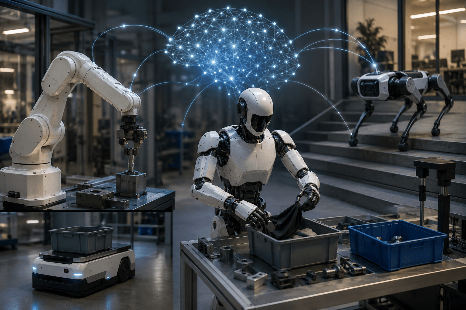 Robot foundation model scene with a humanoid, industrial arm, quadruped, mobile robot, and connected intelligence layer.