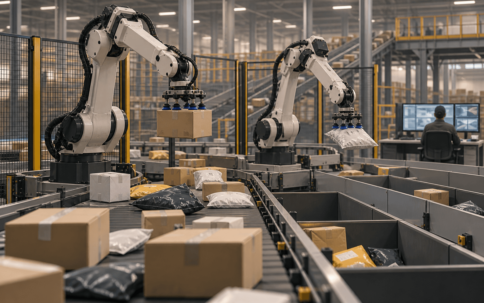 Original editorial illustration of two industrial robot arms sorting varied parcels while a human operator supervises the warehouse cell