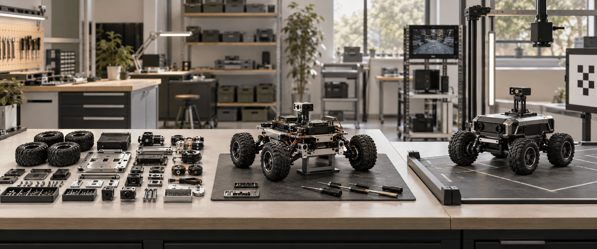 Editorial illustration of an autonomous inspection rover progressing from separated components to assembly and final testing