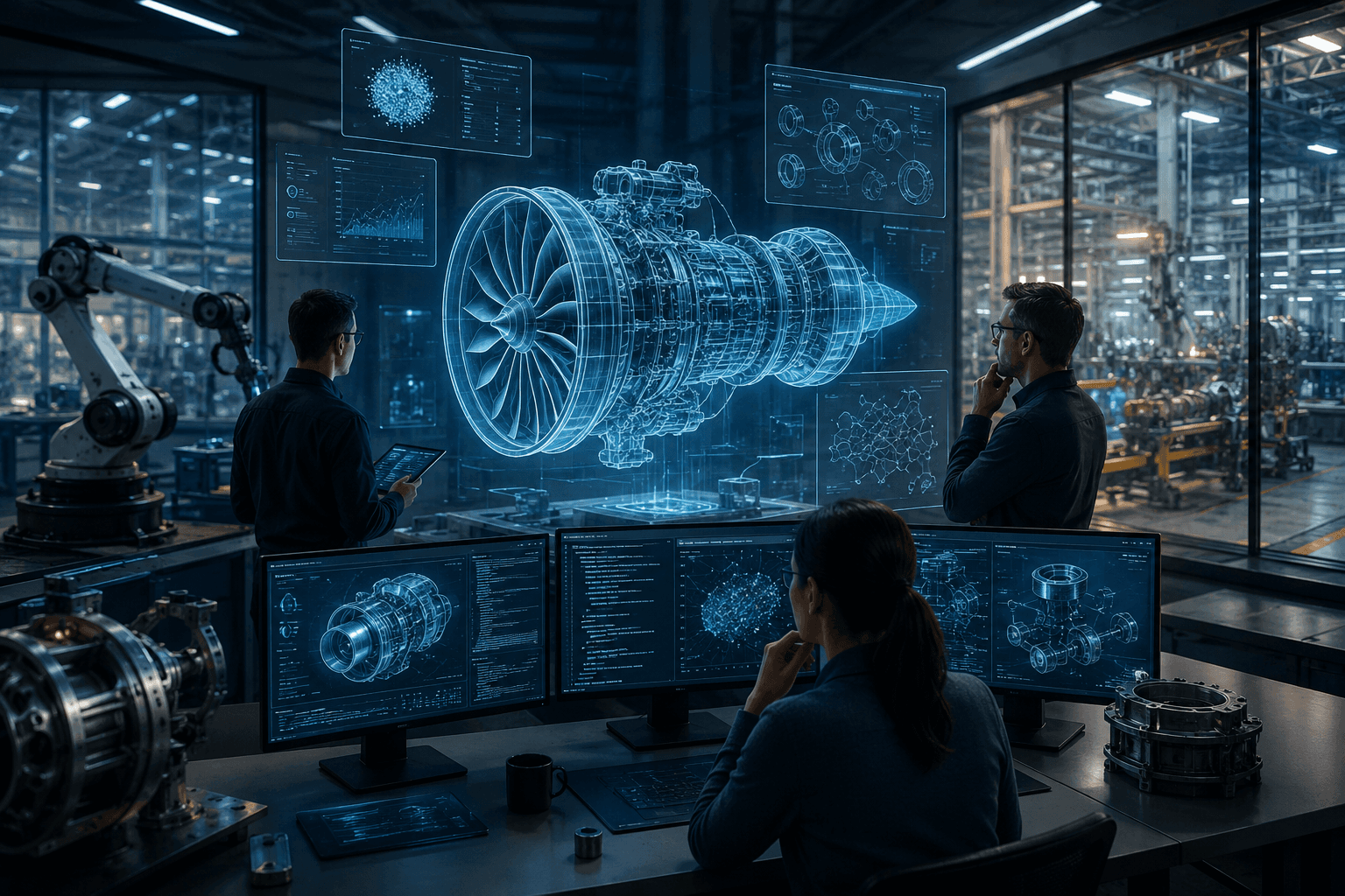 Industrial AI engineering lab with a digital jet engine model, simulation dashboards, manufacturing floor, robotic arm, and physical prototypes.