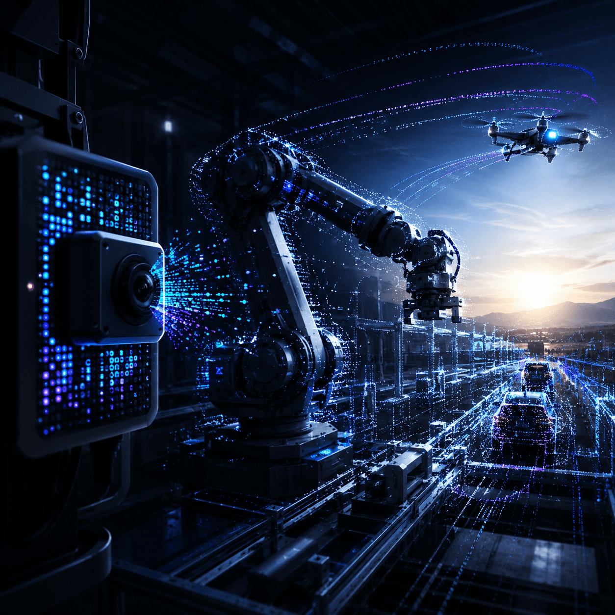 Event-based vision camera sensing fast robotic, drone, and vehicle motion with sparse blue and purple event trails across an industrial scene.