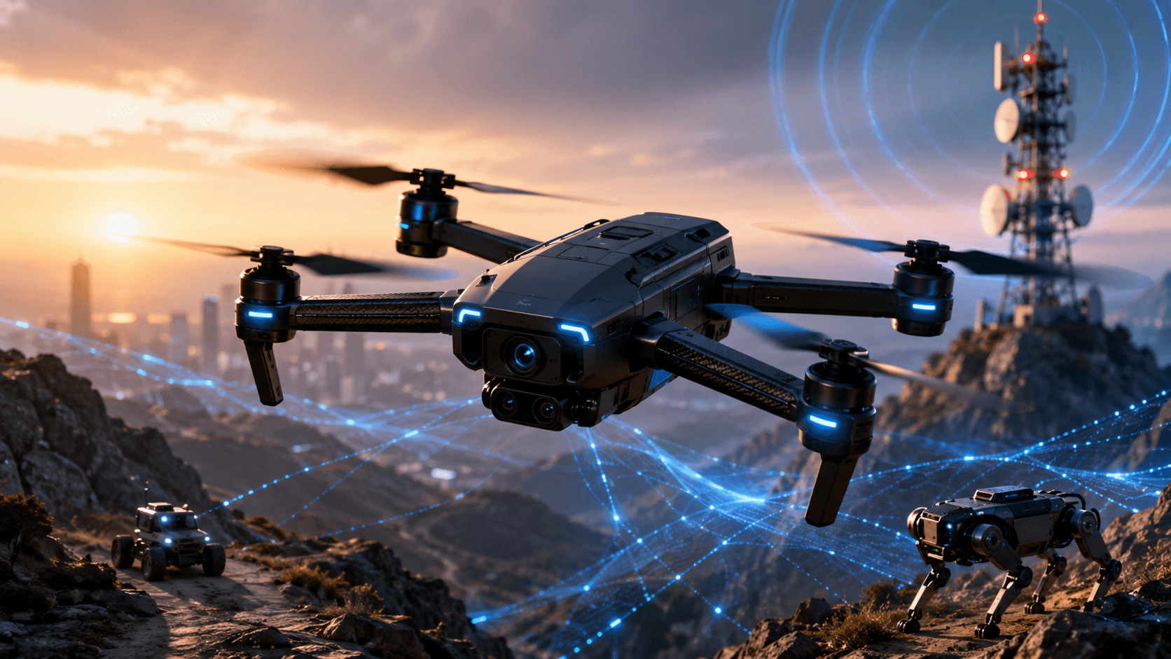 Qualcomm Robotics RB5 represented as a connected autonomous drone and robotics edge AI platform with 5G infrastructure.