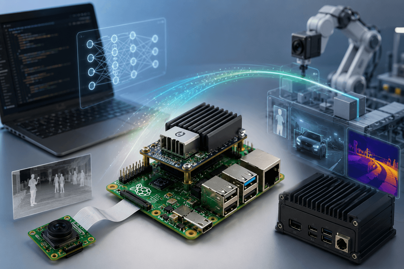 Raspberry Pi 5 paired with a Hailo AI accelerator for local computer vision, robotics, and edge AI development.