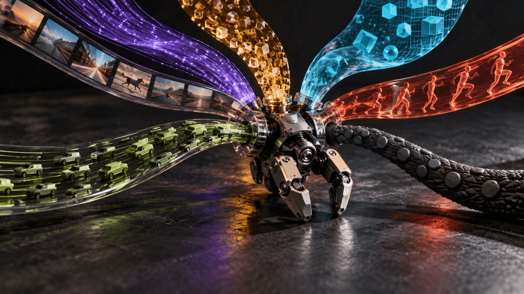 Editorial illustration of seven colorful physical data streams converging on a compact articulated robot mechanism