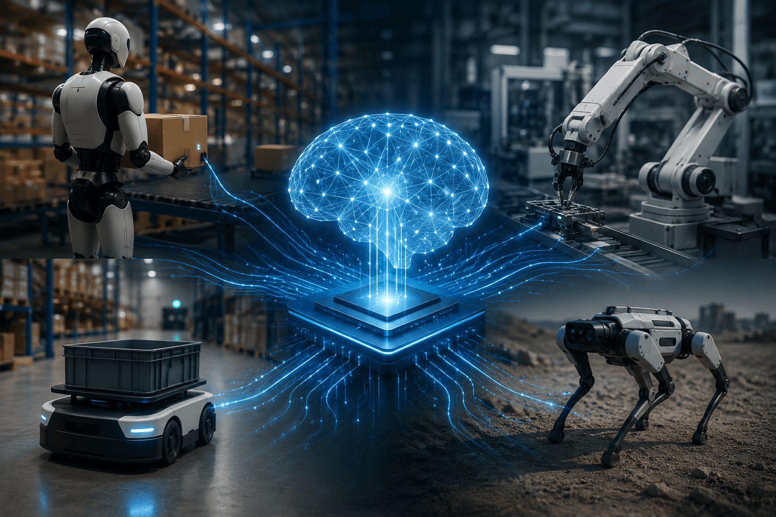 General-purpose robot brain connecting a humanoid, warehouse AMR, industrial robot arm, and quadruped robot across physical AI environments.