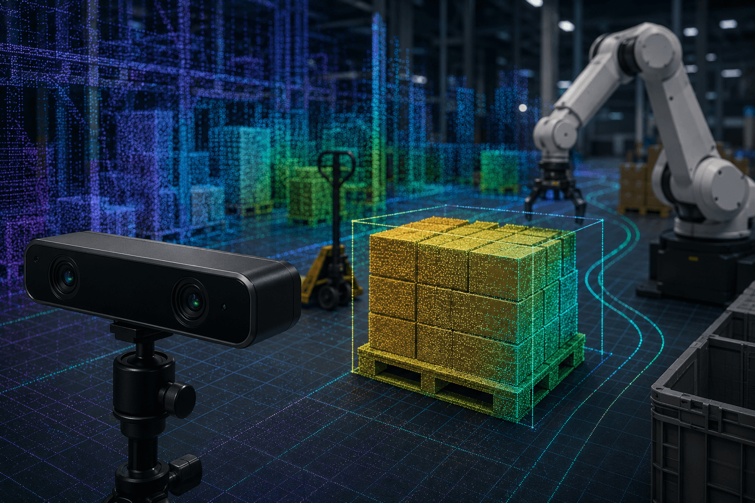 Stereolabs-style stereo camera mapping a warehouse scene with 3D point clouds, pallet geometry, path planning lines, and a robotic arm in the background.