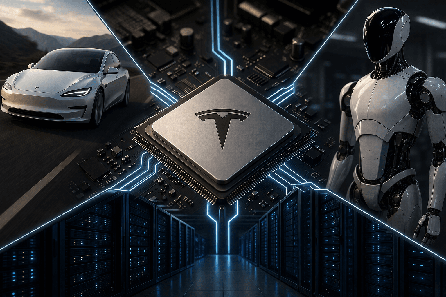 Concept illustration of Tesla AI5 silicon connecting Tesla vehicles, Optimus robotics, and AI infrastructure.