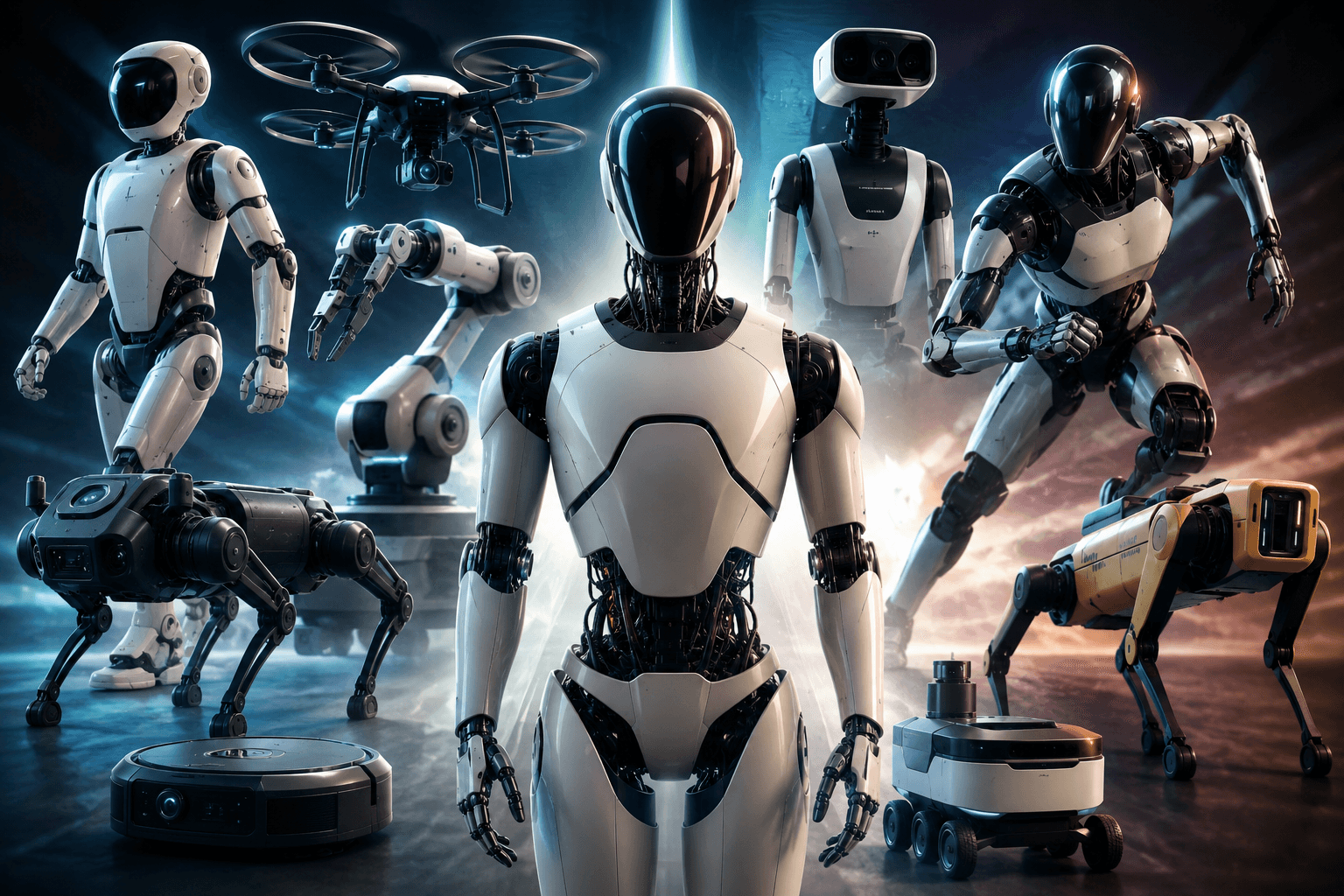 Composite visualization of humanoid robots, quadruped robots, drones, robotic arms, and autonomous mobile robots.