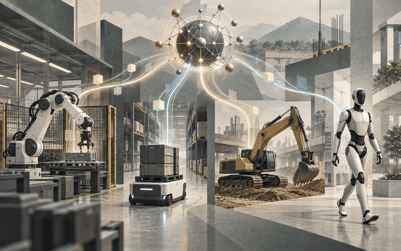 Editorial illustration of an investment network connecting industrial robots, an autonomous logistics robot, construction equipment, and a humanoid robot