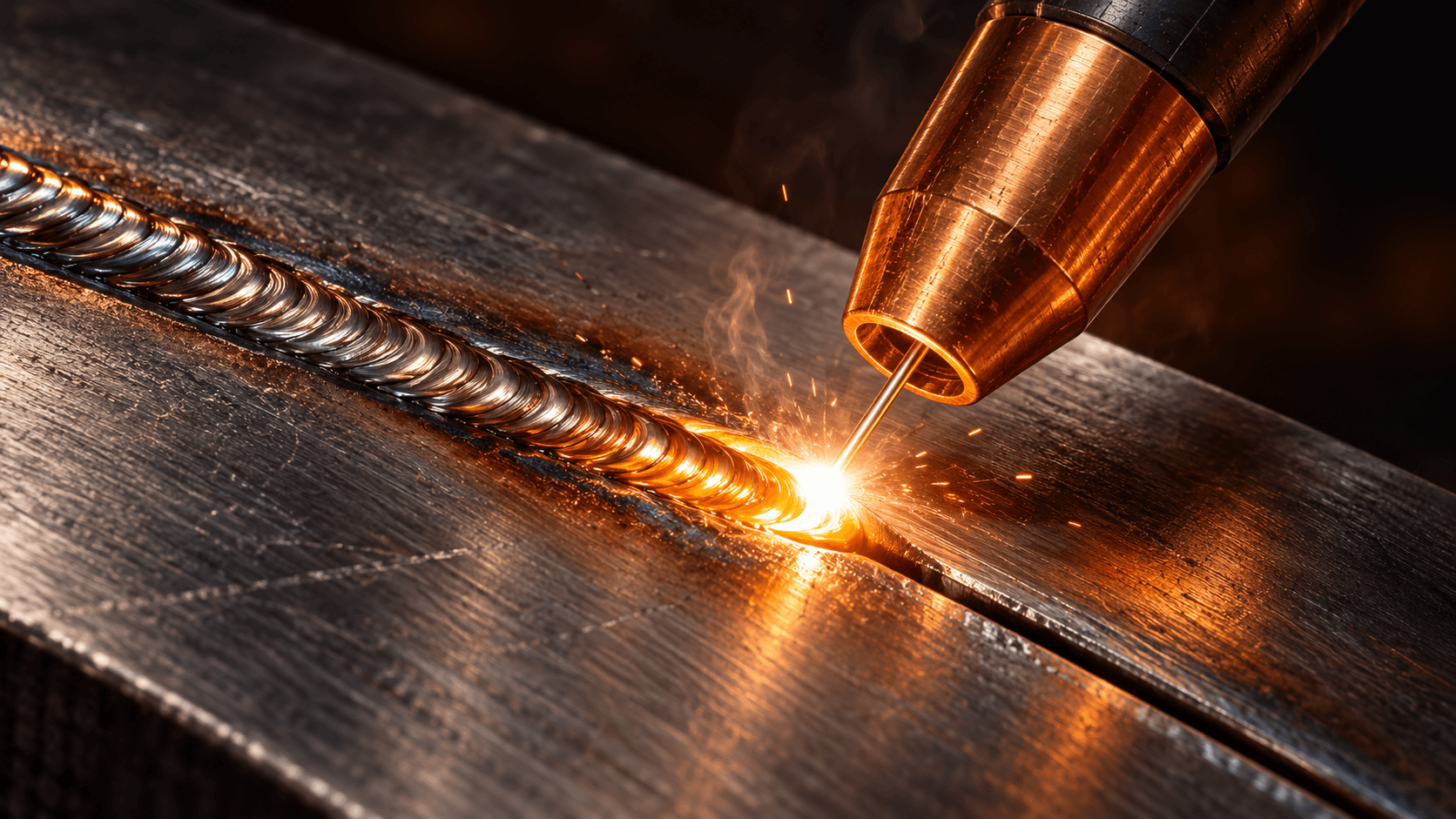 Macro editorial illustration of a copper welding torch joining steel plates with an amber arc and a continuous metal bead