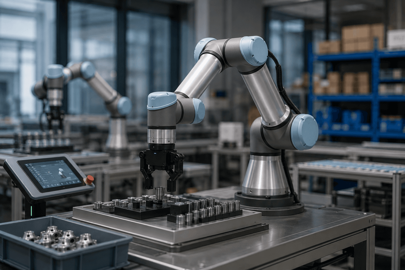 Universal Robots-style collaborative robot arm tending parts in a small manufacturing workcell.