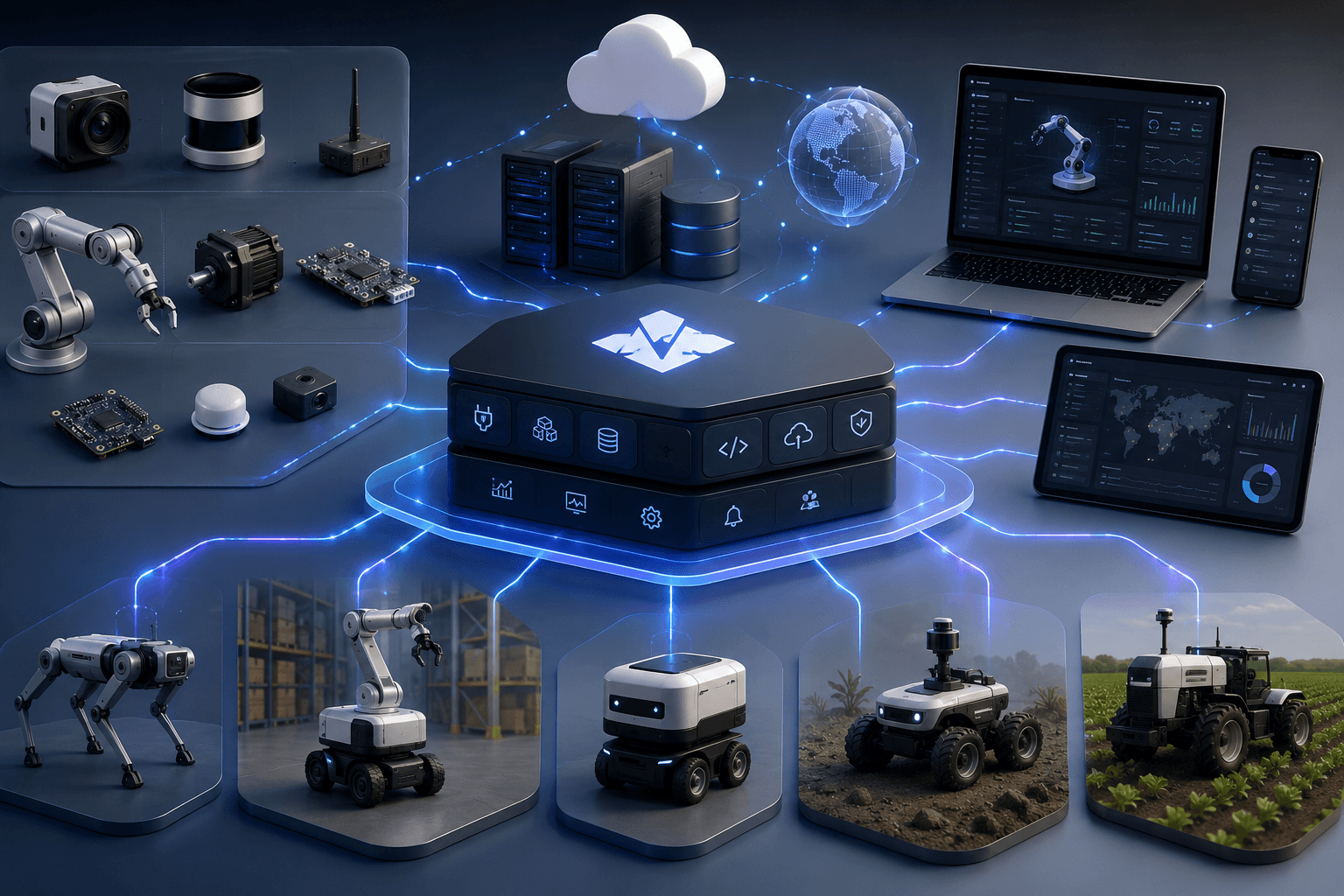 Robotics software platform connecting cameras, sensors, edge devices, cloud infrastructure, dashboards, and robot fleets.