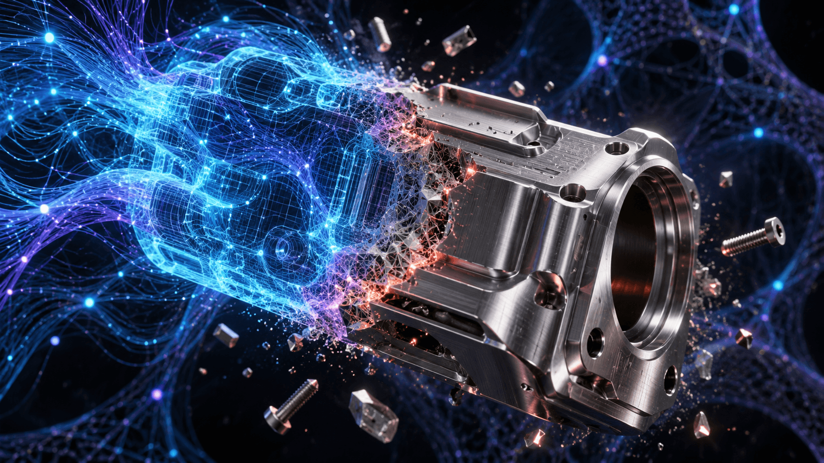 Editorial illustration of luminous AI geometry resolving into a solid machined metal component.