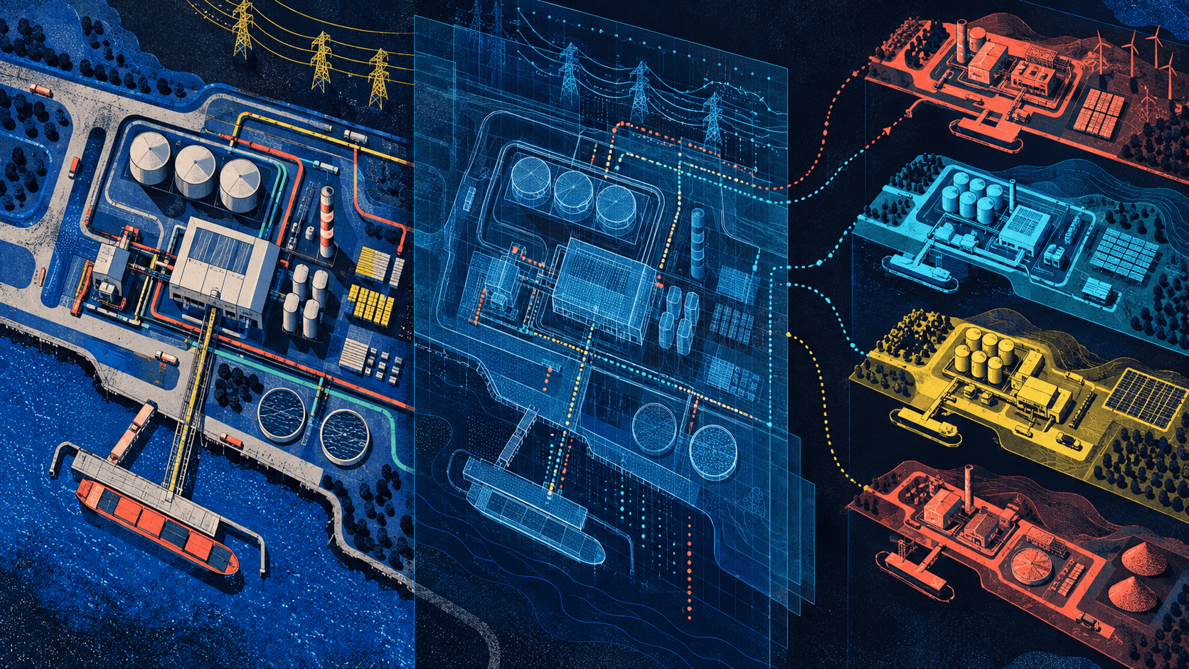 Screen print editorial illustration showing a physical industrial site, its synchronized digital representation, and several possible future configurations