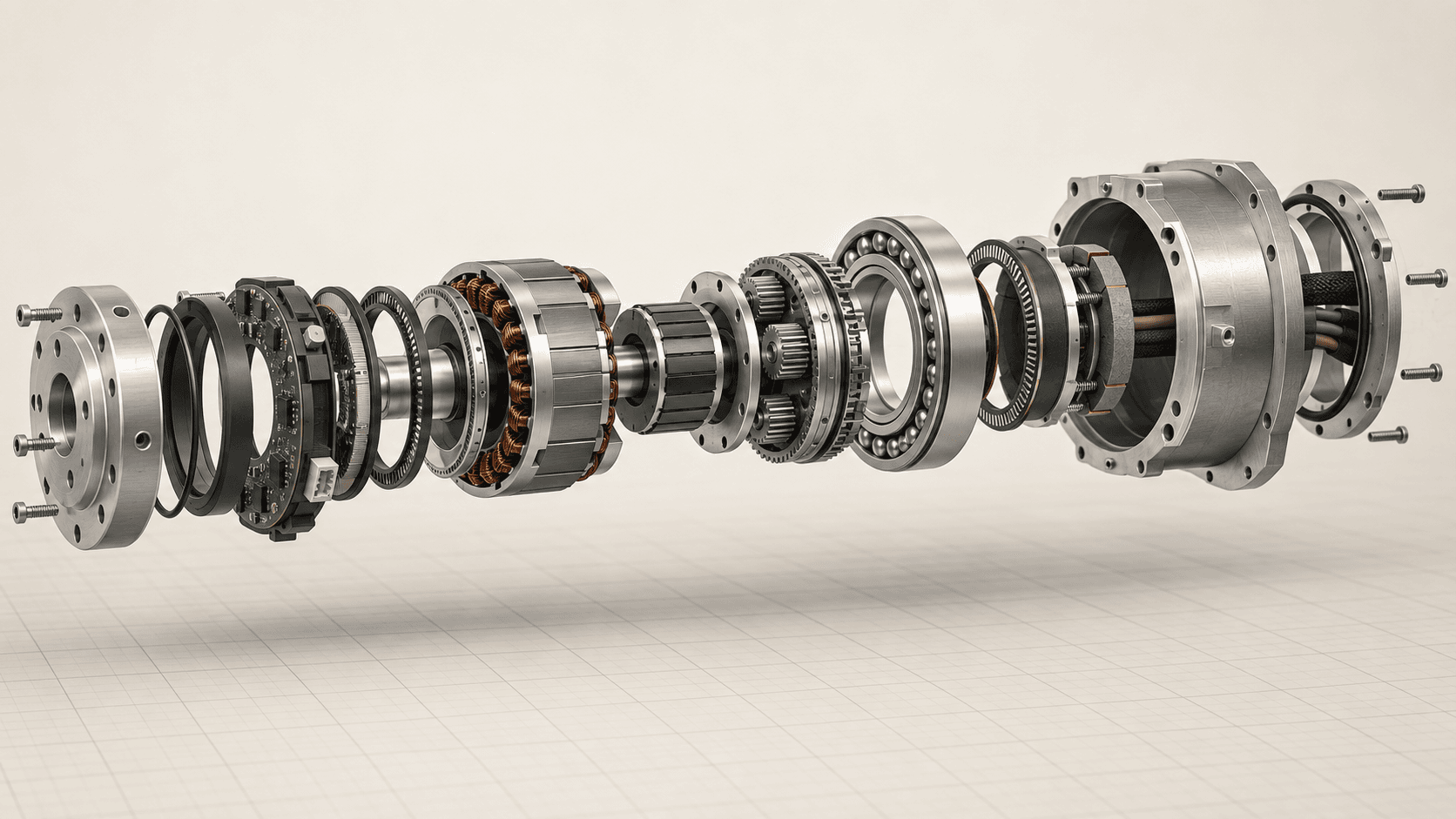 Exploded editorial illustration of a rotary robot actuator showing its motor, electronics, encoders, gears, bearings, brake, housing, and cable path