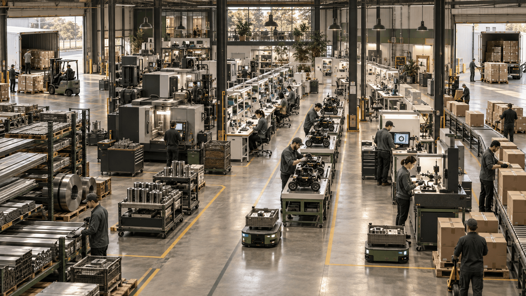 Editorial illustration showing receiving, fabrication, rover assembly, inspection, packaging, and shipping inside one modern factory
