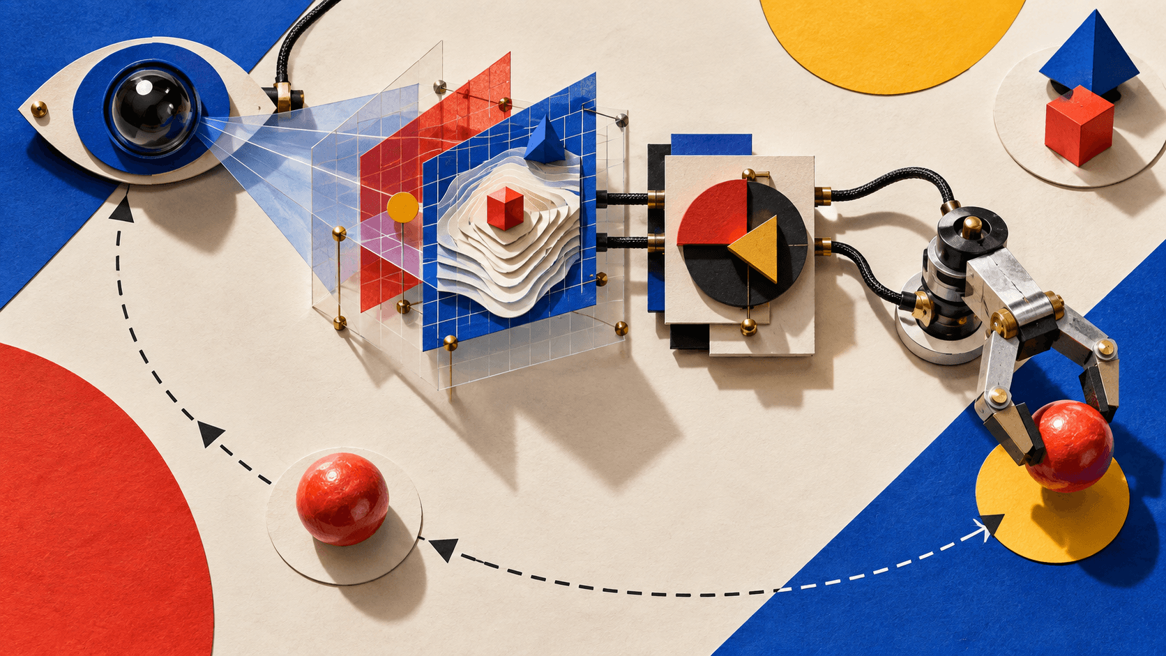 Editorial paper construction showing a sensing eye, spatial model, decision mechanism, and robotic gripper connected in a physical action loop