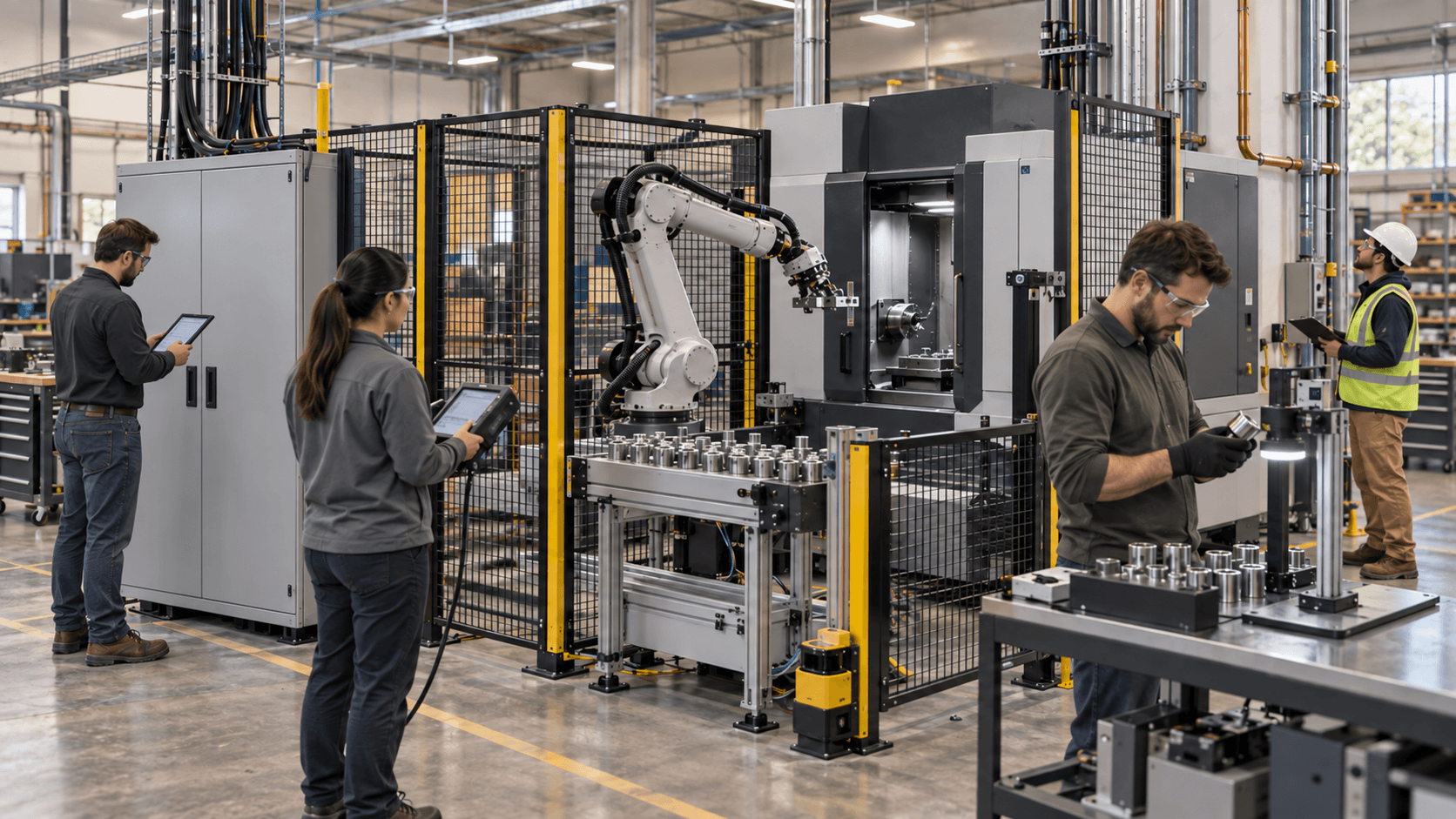 Editorial illustration of engineers and specialists reviewing a guarded robot machine tending cell