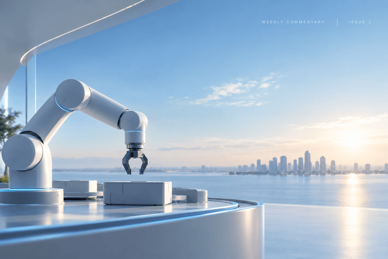 Editorial illustration of a robotic arm beside a sunlit waterfront, labeled Weekly Commentary Issue 2.