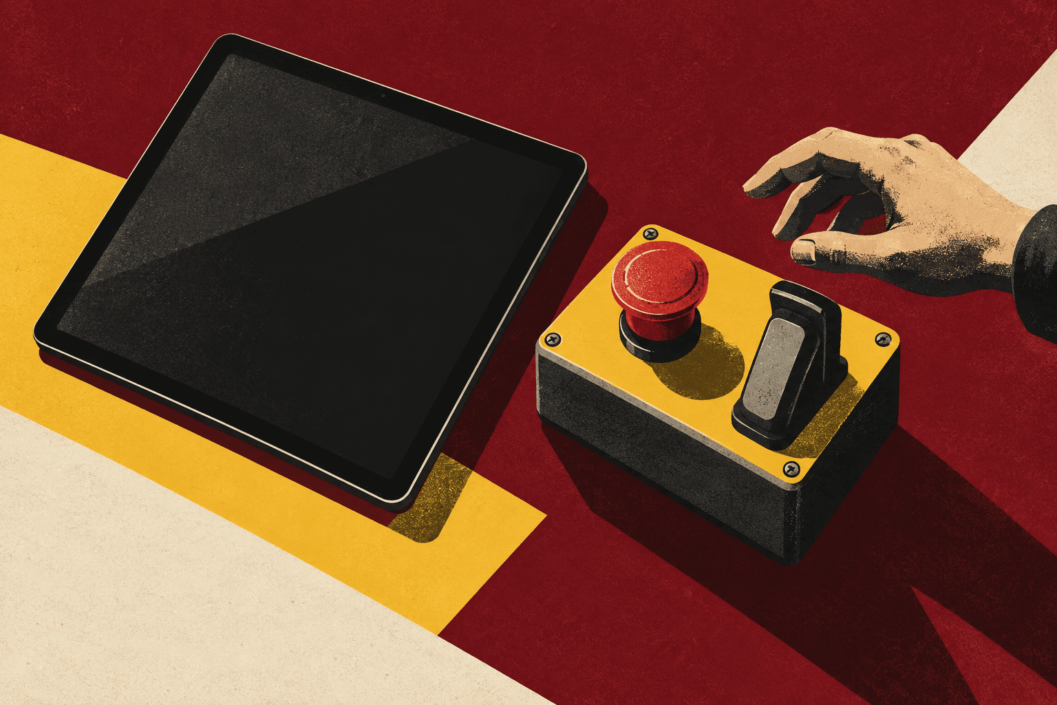 Original screen print illustration of a tablet beside a separate physical safety control, with a hand approaching the controls.