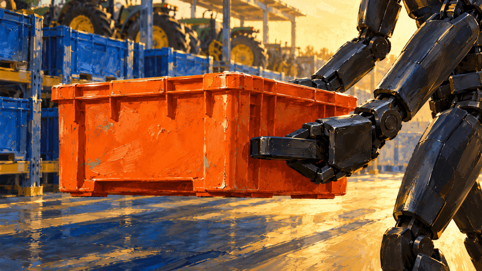 Painted interpretation of dark robotic grippers carrying an orange industrial tote beside blue storage racks and agricultural machinery.
