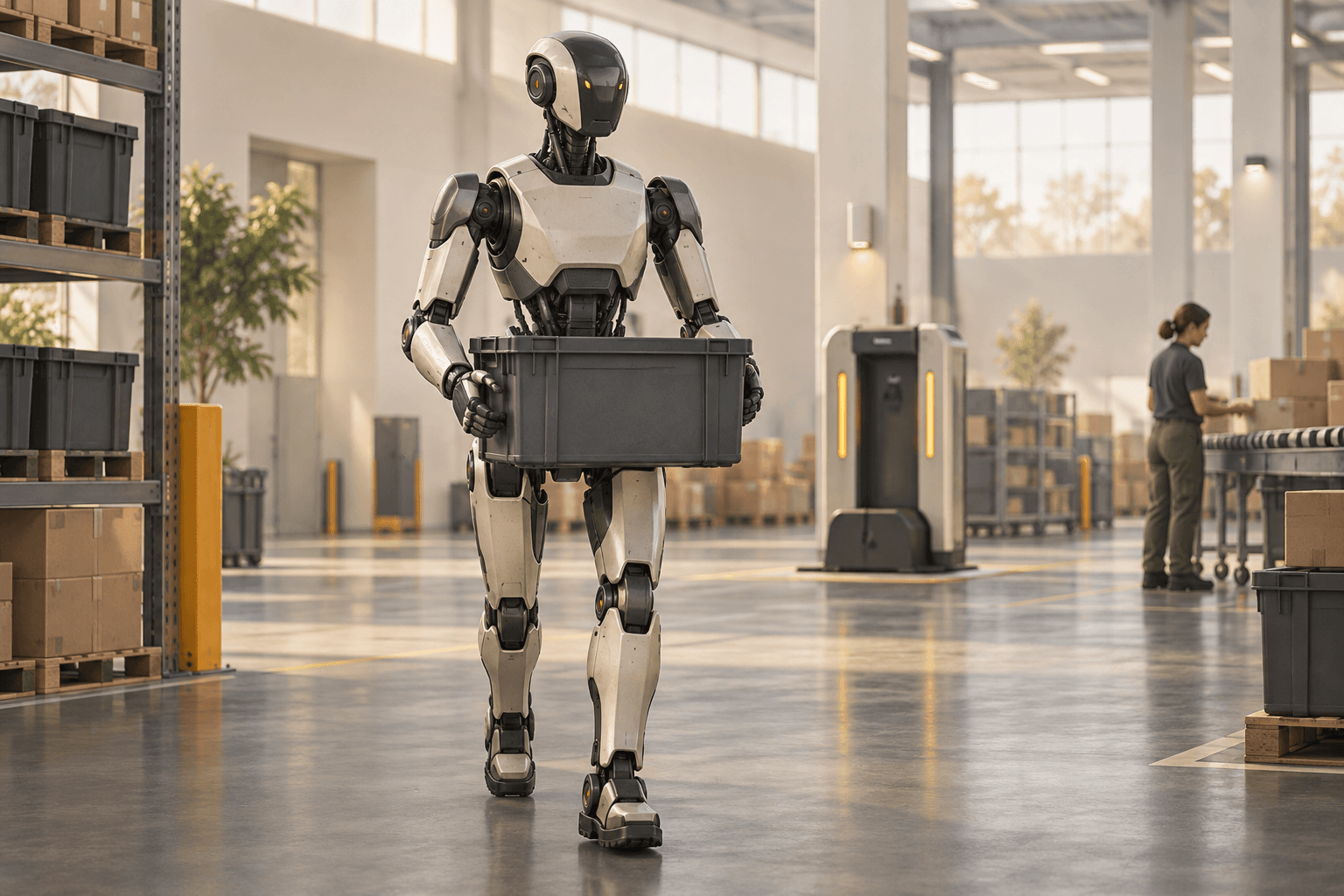 Editorial illustration of a generic industrial humanoid carrying a tote near a worker and charging dock
