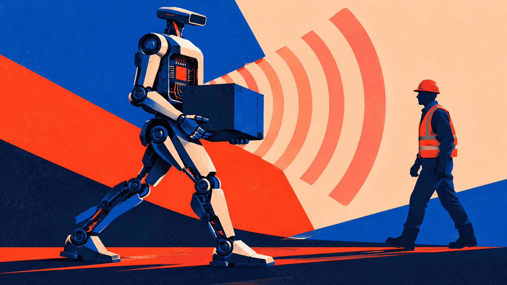 Graphic editorial illustration of a humanoid with a processor in its torso and detection bands extending toward a worker.
