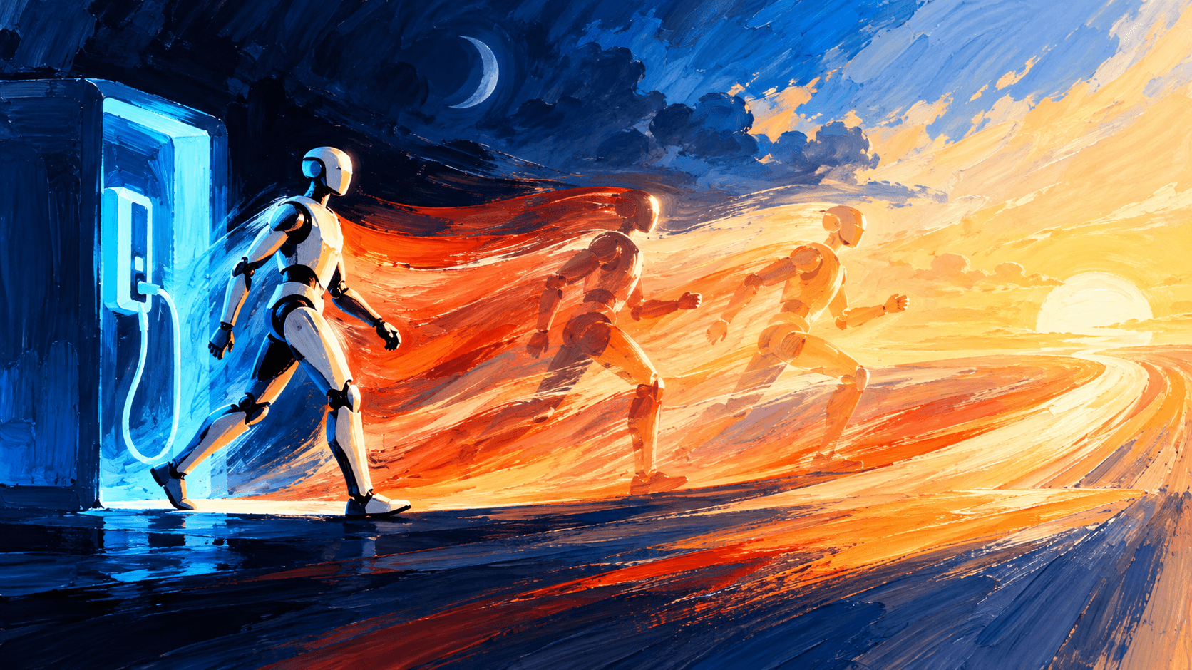 Painted humanoid silhouettes move from a blue charging alcove into sweeping orange strokes and a bright sunrise.