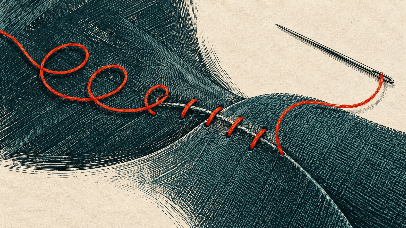 Original ink engraving of vermilion thread forming loops and an unfinished seam across deep teal fabric, with a needle against textured pale paper.