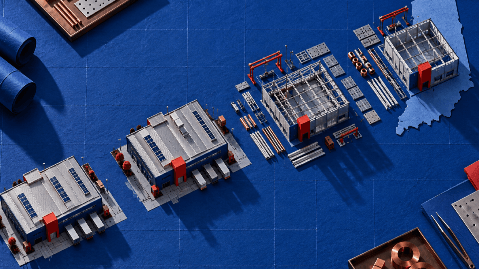 Top down editorial model showing two completed factories and two factory modules under construction on a cobalt work surface