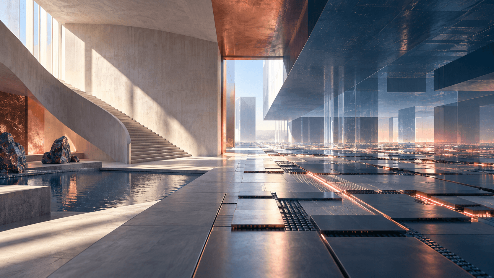 Conceptual architectural environment emerging from an abstract field of unbranded compute tiles