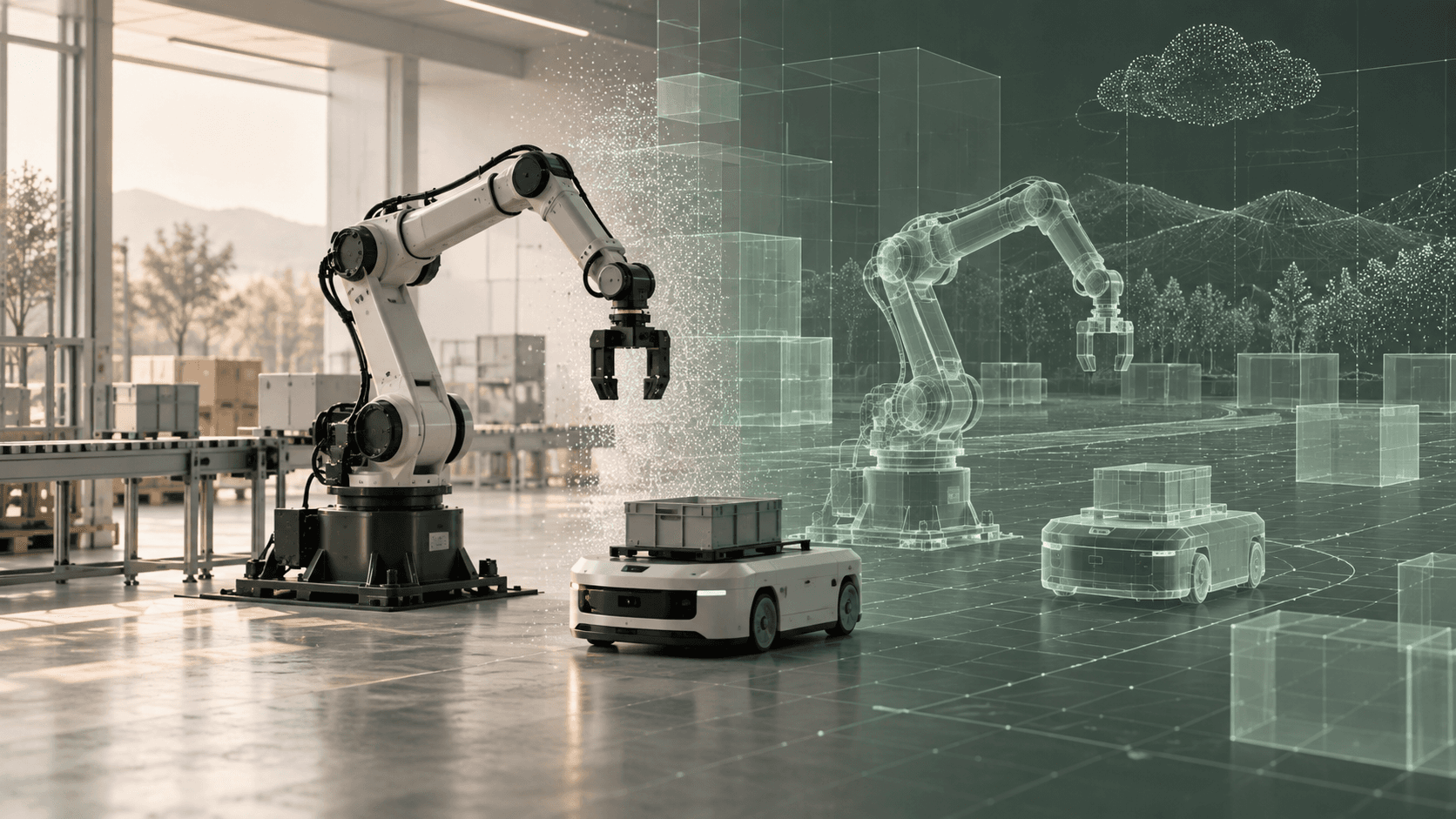 Editorial illustration of an industrial robot and mobile robot mirrored inside a simulation environment