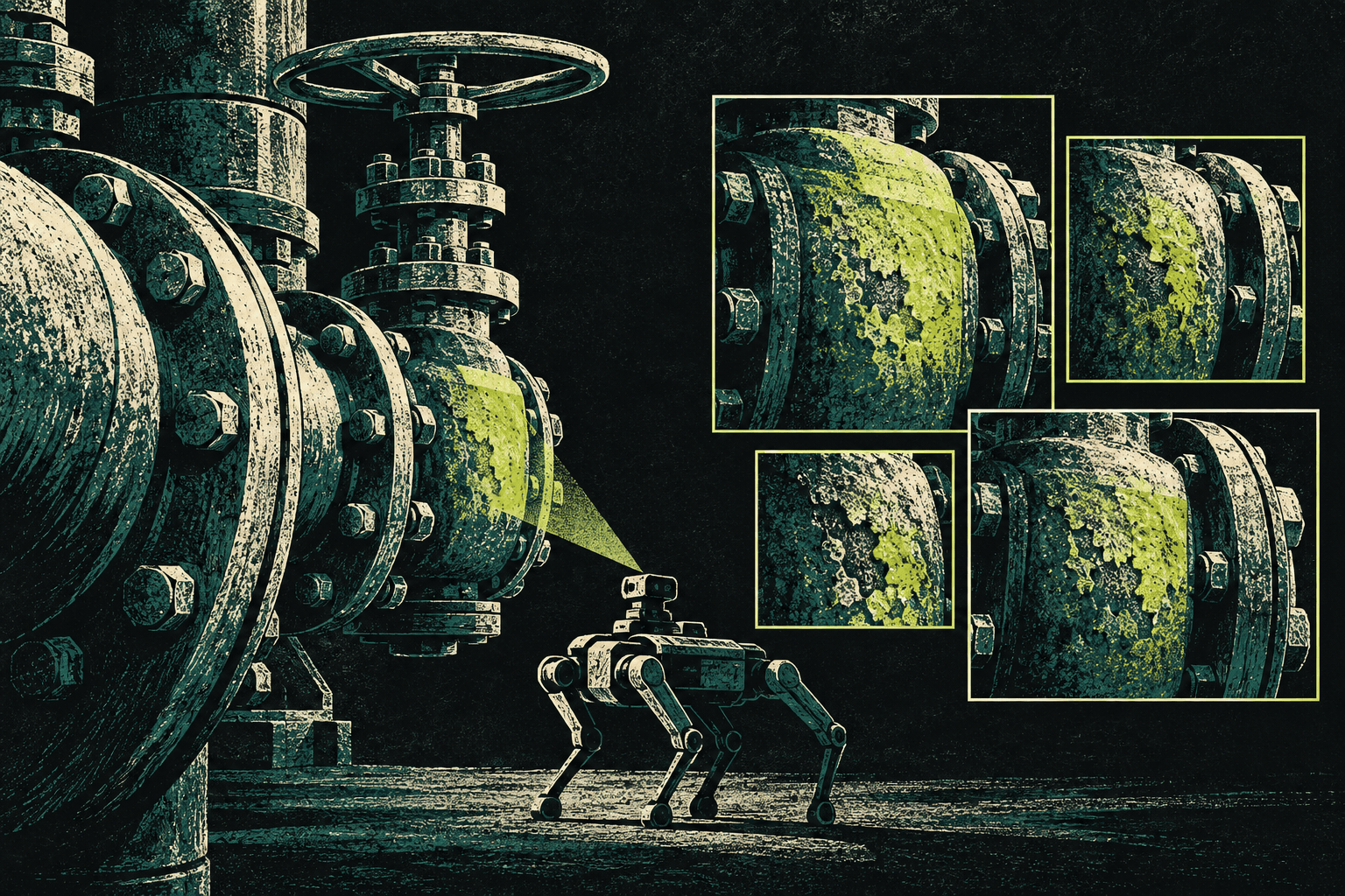 Original relief print illustration of an industrial valve, a generic inspection quadruped and repeated observation windows in green and lime.