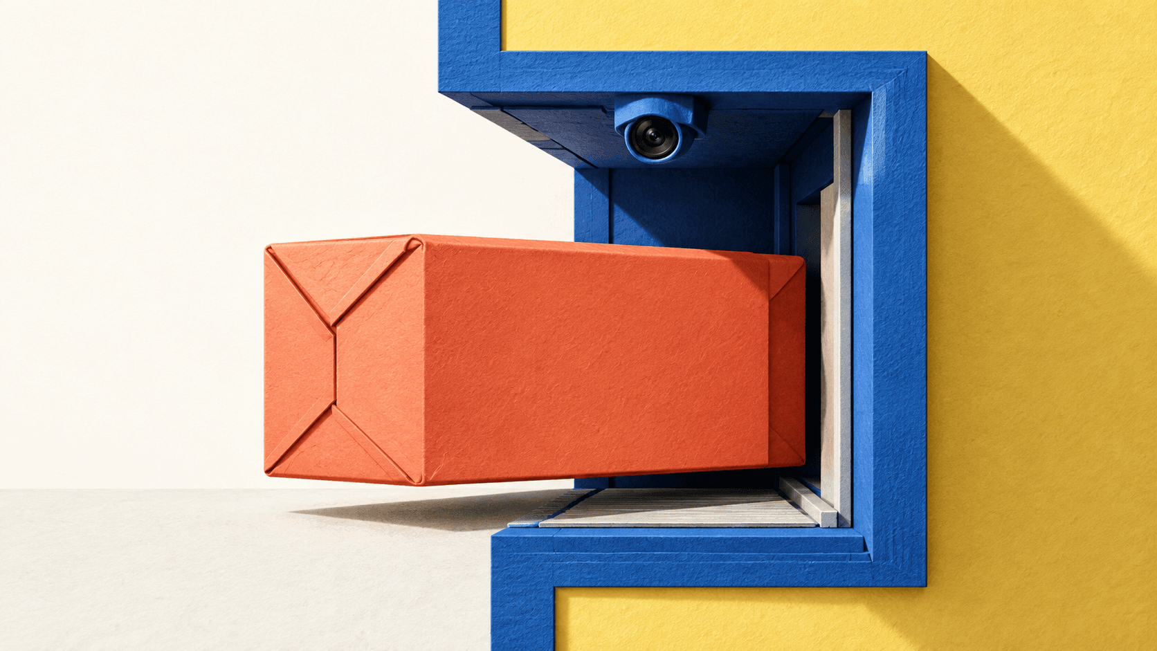 A coral paper package entering a cobalt receiving compartment beneath a compact camera lens.