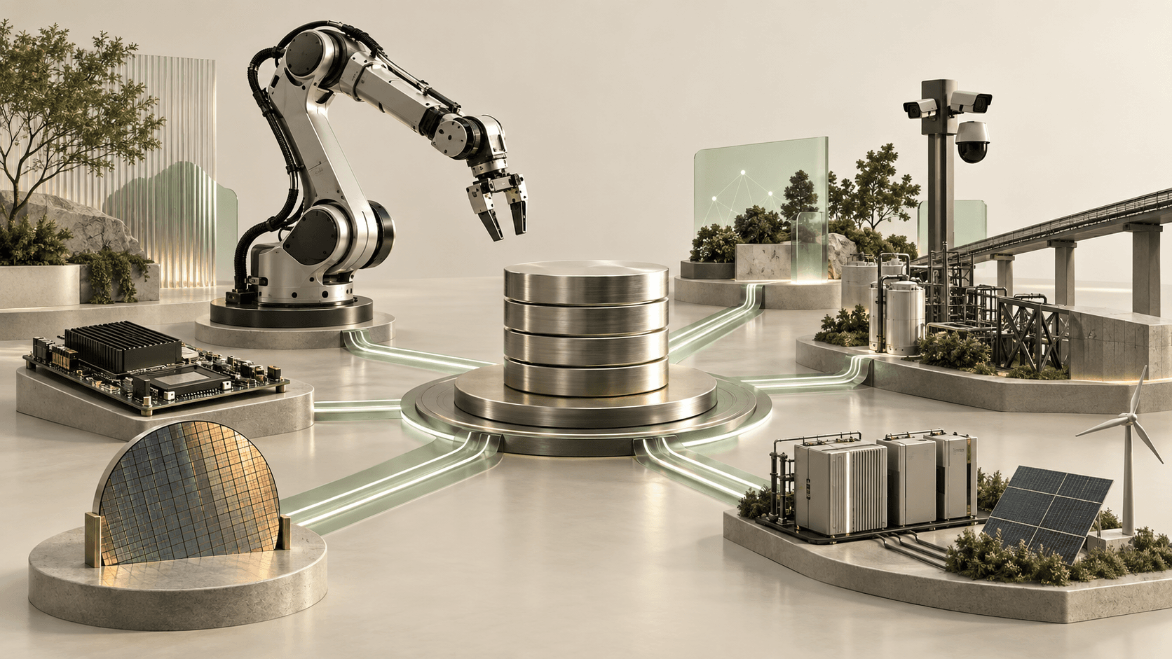 Editorial illustration of investment capital connecting a robot arm, edge computer, semiconductor wafer, and energy infrastructure