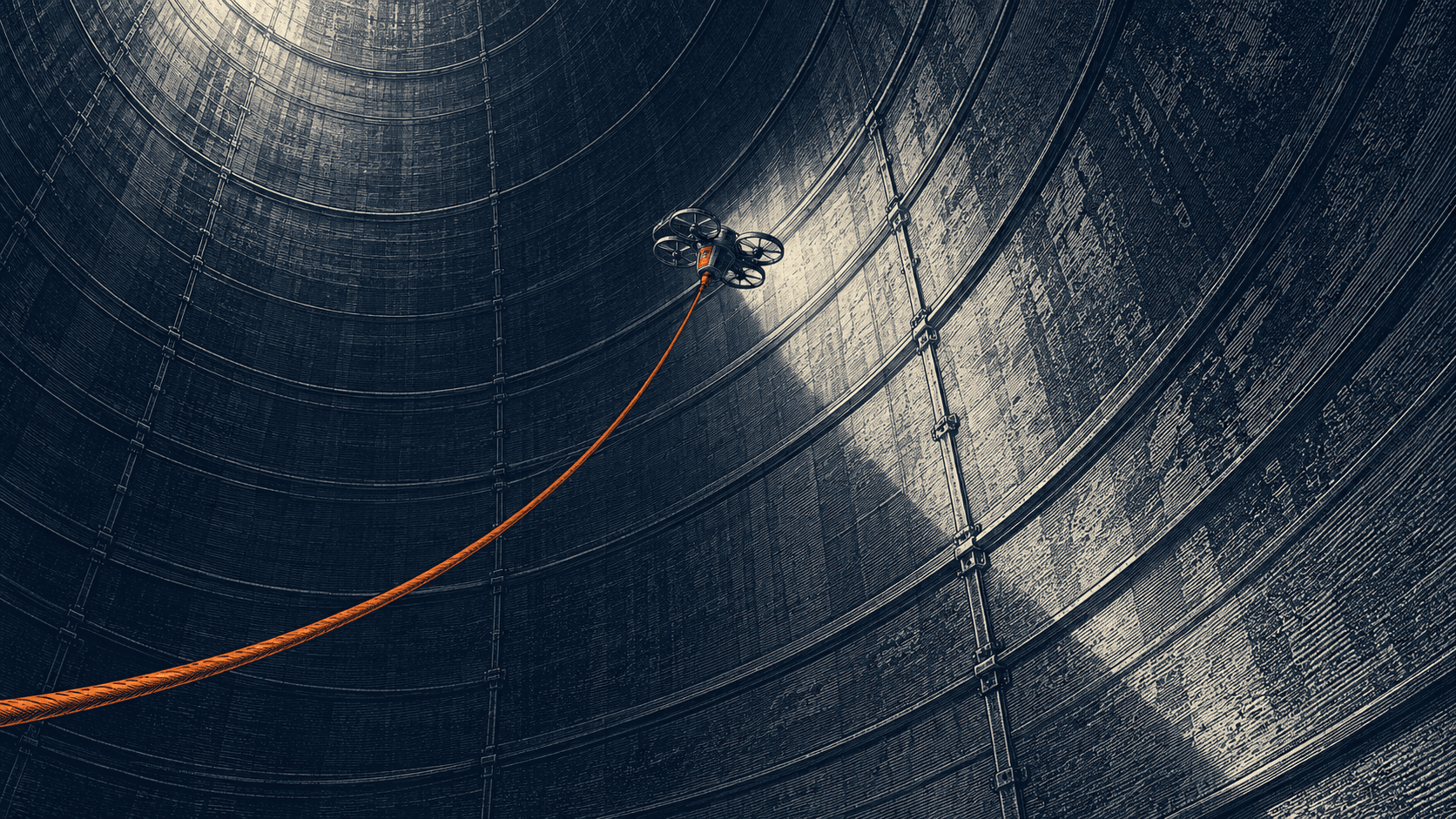 A small tethered inspection drone against the curved engraved walls of an industrial tank.