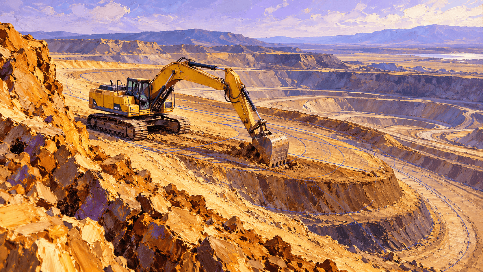 Painterly illustration of an excavator shaping terraced ochre ground, with violet shadows and blue contour lines across its work area.
