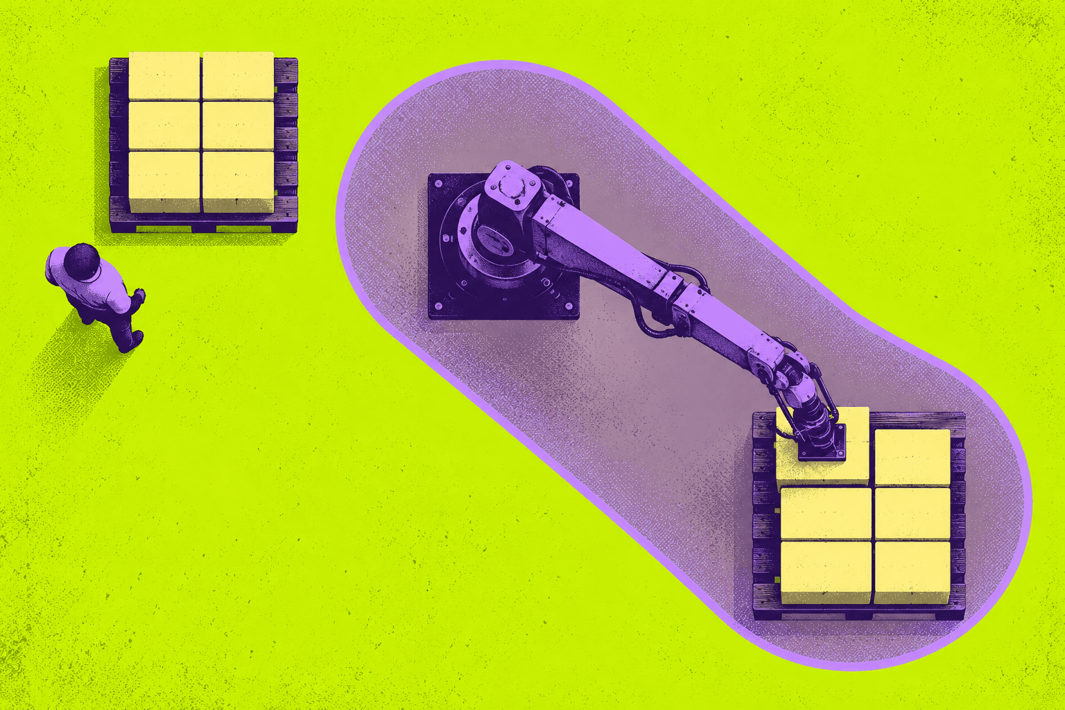 Overhead editorial illustration of a palletizing arm inside a purple protective zone, with a worker and a second pallet outside it on a chartreuse background.