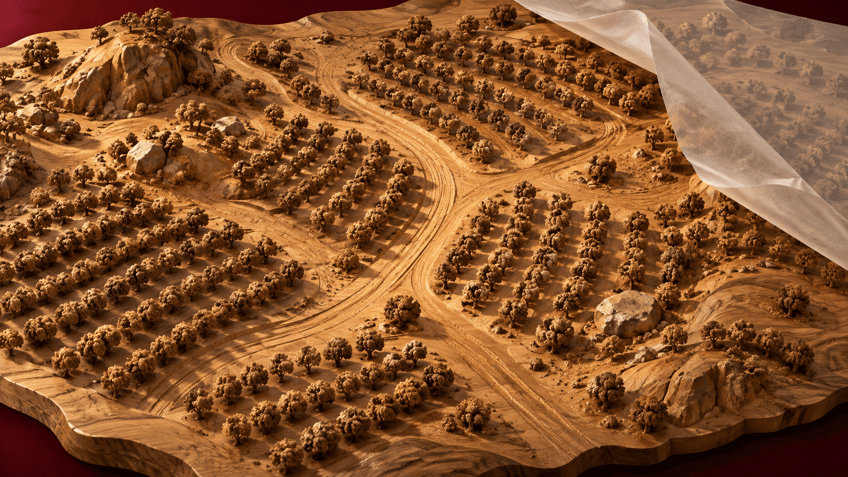 A conceptual carved wooden orchard landscape with curving paths and uneven terrain, partially covered by a lifting translucent tracing layer.