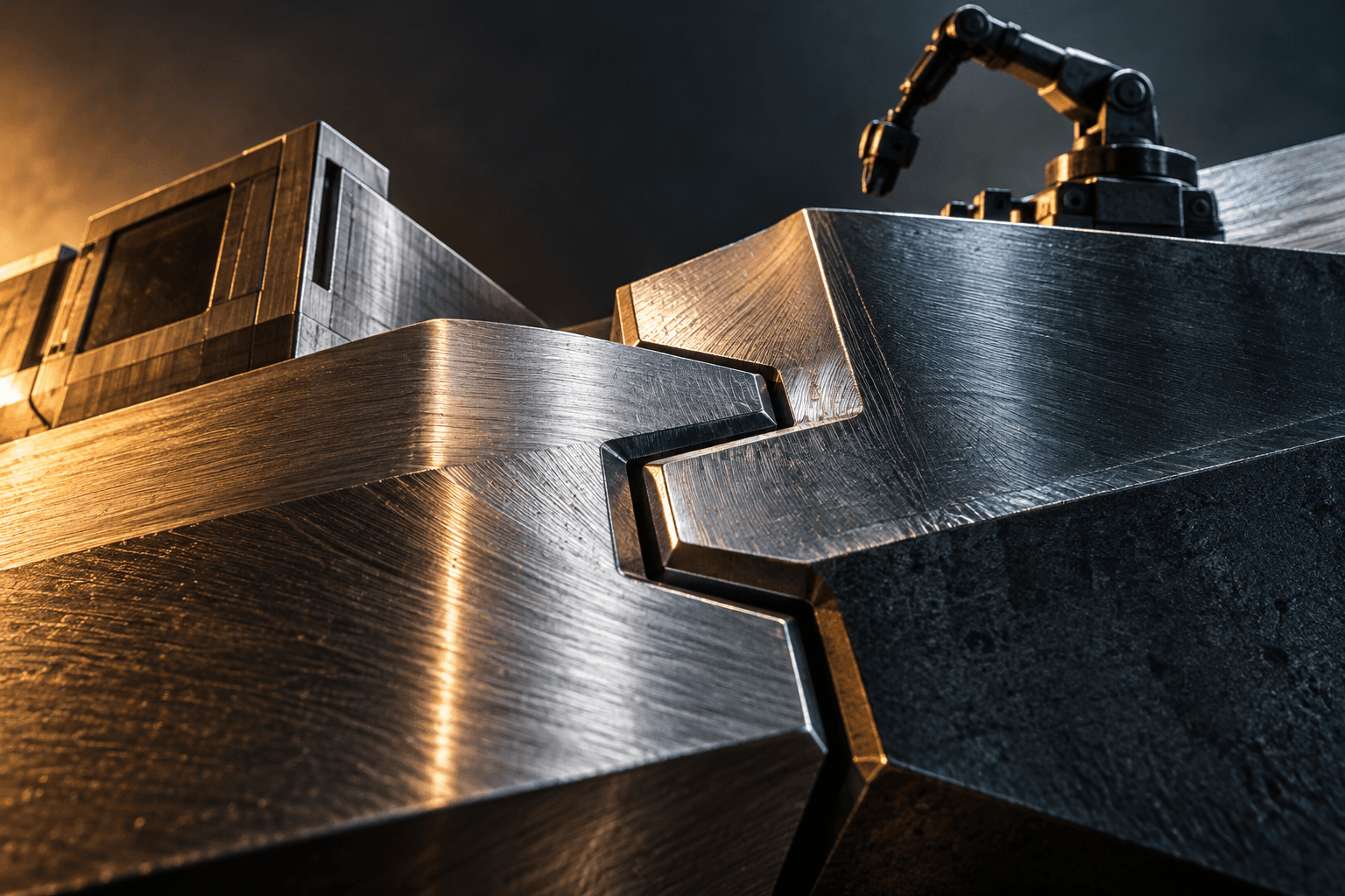 Two interlocking steel forms join beneath a miniature machine enclosure and industrial robot arm.