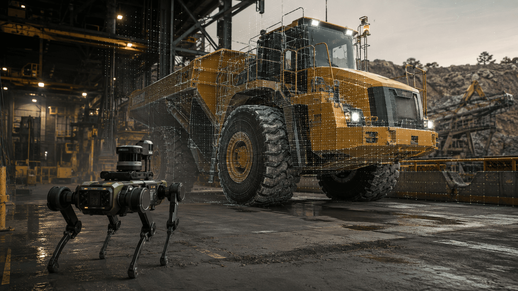 Editorial image of an autonomous inspection robot mapping a large yellow industrial machine